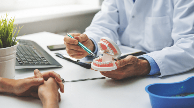 A dentist in a white coat holding a dental model and explaining oral health to a patient during a consultation at a desk with a keyboard, notepad, and dental tools.