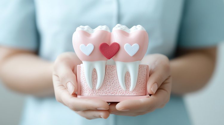 Model of two healthy teeth with hearts symbolizing the link between oral health and heart disease, held by a dental professional at Palo Verde Smiles in Glendale, AZ